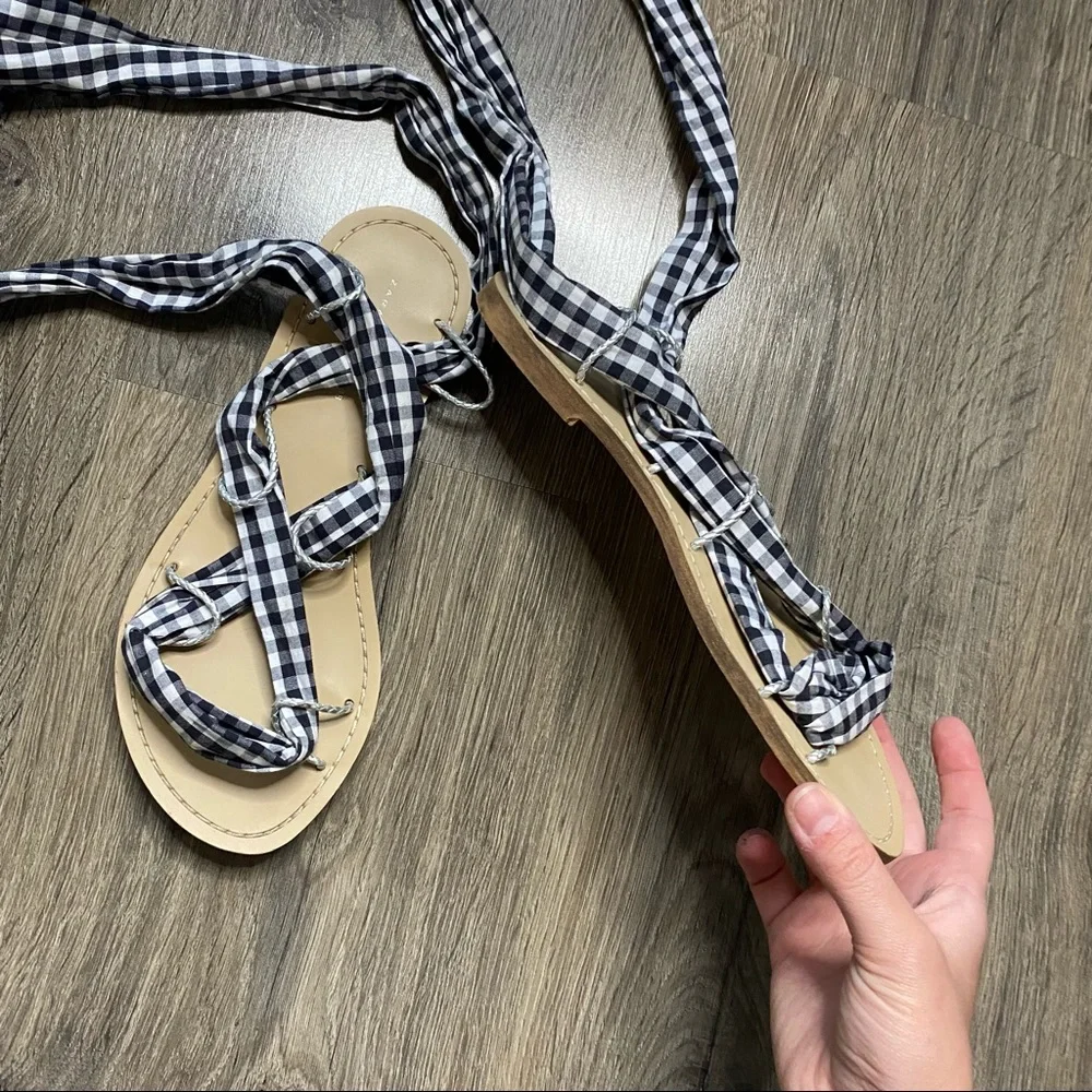 Zara | Gingham Black & White Tie Strap Sandals - Picture 7 of 7